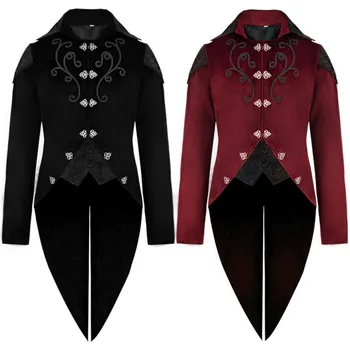Mens Fantasy Steampunk Črna Rdeča Jopičem Jakno Gothic Viktorijanski Frock Plašč Trentch Coats Odraslih Moških Stranke Halloween Kostum