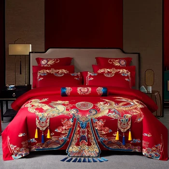 Luksuzni Rdeči Kitajski Poroko Loong Phoenix Vezenje Bombaža Posteljni Set Rjuhe Kritje Posteljno Perilo Stanja Pillowcases Tekstil Doma
