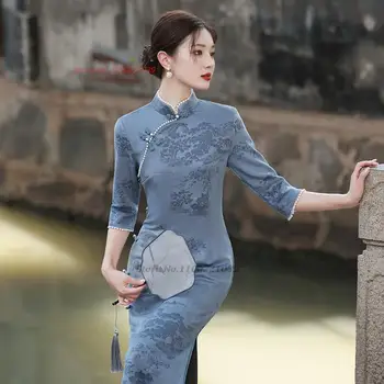2024 kitajski vintage obleko tradicionalnih cheongsam nacionalni cvet tiskanja antilop qipao elegantno orientalski banket večer stranka obleko