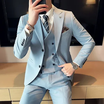 (Blazer+ Telovnik + Hlače) 2023 Najnovejše Design Dvojno Zapenjanje Telovnik Moški Obleko Visoke Kakovosti Poslovnih Preprosto Priložnostne Obleko Poročno