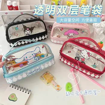 Kawaii Sanrio Kuromi Moja Melodija Hello Kitty Pochacco Lepe, Velike Zmogljivosti, Pregleden Dvojno Plast Tiskovine Polje Shranjevanje Pero Vrečko
