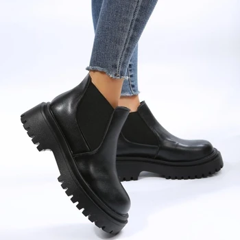 2023 Gleženj Škornji Platformo Ženske Kravje Usnje Chelsea Škornji Krog Toe Elastični Trak Debel Edini Dame Čevlji