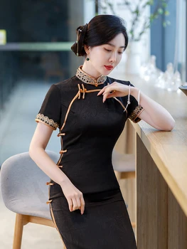 Eleganten Poletje Dolgo Slim Silk Black Cheongsam Banket Retro Elegantno Qipao Tradicionalna Kitajska Obleka, Večerna Obleka za Ženske