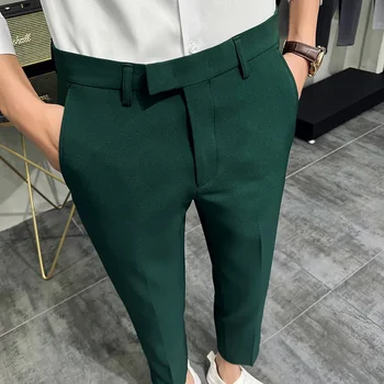 2023 Poletje Moda Mens Temno Zeleno Obleko Hlače Čiste Barve Poslovnih Poklic Slim Fit Obleko Urad Gleženj Hlače
