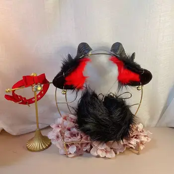 Ročno Črno Rdeče Ovce Rogovi Ušesa Hairhoop Pokrivala Bell Uhani Rep Ogrlico Iz Božič Cospaly Prop Dodatki