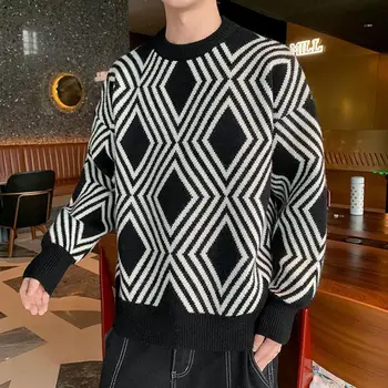 O Vratu Moški Sweater Moški Kontrast Barve Pulover Geometrijske Tiskanja Colorblock Pletene, za Moške Pulover za Jesen Zimo Debel Toplo O Vratu