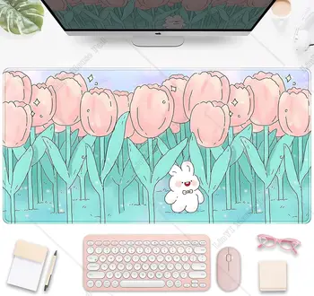 Kawaii Risanka Zajec Desk Mat Srčkan Pink Tulipanov Desk Pad Anime Cvetje Gaming Mouse Pad Urad Dekor Desk Pribor za Ženske