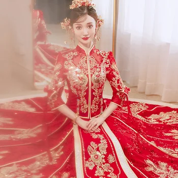 Kitajski Slog Nevesta Sodobne Sparkly Sequins Cheongsam Rdeče Qipao Beading Rese Poročno Obleko Orientalski Vezenje Toast Oblačila
