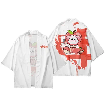 Risanka Zajec Apple Natisnjeni Beli Japonski Kimono Ulične Harajuku Haori Moški Ženske Jopico Cosplay Srajce Yukata