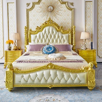 Evropski stil pravega usnja posteljo, American style villa, luksuzni oddih masivnega lesa izrezljane shranjevanje, dvojno stolpec princesa postelja