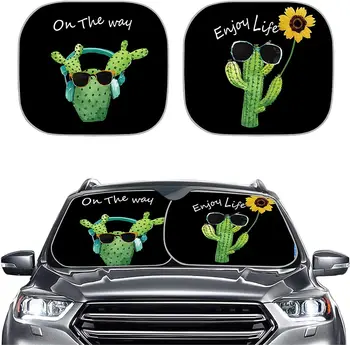 Kaktus Uživajo Življenje Prednje Vetrobransko steklo Odtenek Risanka Rastline 2 Kos Auto Dežnik za Avto, Tovornjak SUV UV Žarki sončnega Zaščitnik