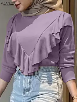 ZANZEA Pomlad Elegantno Dolgo Sleeve Solid Bluzo Priložnostne Muslimanskih Majica Islamska Oblačila Ramadana Blusa Moda za Ženske Flounce Robom Vrhovi