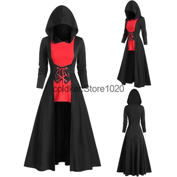 Jeseni In Pozimi Srednjeveški Vintage Obleko Čipke-up Hooded Plašč Plašč Vitez Gothic Čarovnik Vampir Cosplay Halloween Kostum