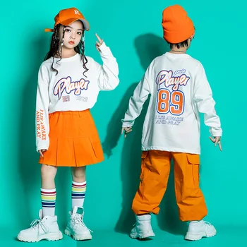 Otrok Hip Hop Oblačila, Belo Pismo Majica Vrh Orange Street Tovora Jogger Hlače Pleat Krilo za Dekle, Fant, Ples, Oblačila Kostum