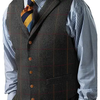 Moška Obleka Telovnik Rjava Kost Volne Tweed Letnik Waistcoat Formalnih Poslovnih Majice za Moške Poročne
