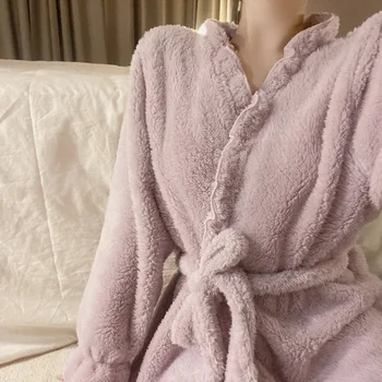 2023 Nove Ženske Seksi Nightgown Flanela Jopico Toplega Doma Sleepwear Za Žensko Jeseni, Pozimi Barva Proti-Vrat Čipke-up Pižami