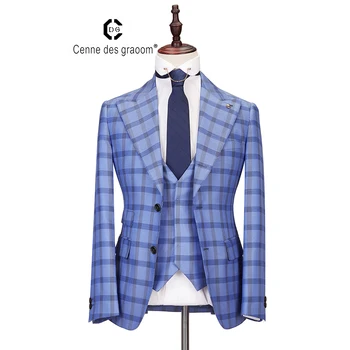 Cenne Des Graoom Novih Moških Obleko Kariran Dvojno Zapenjanje 3 Kos Slim Fit Visoke Kakovosti Modra svate Kostum Ženina GD-LJUBEZEN