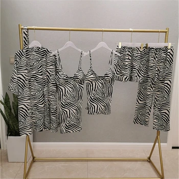 Pet-delni Začetni Oprema Zebra Print Pižamo Žensko Suspender Hlače Nightdress Dolge Rokave Moda Nightgown Svoboden pijamas