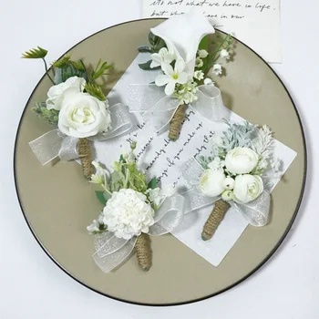 Beli Cvetovi Boutonniere za Poroko Neveste Svile Rose Zatiči Umetno Zapestnica Bangle Corsage Zapestje Čipke matrimonio accesorios