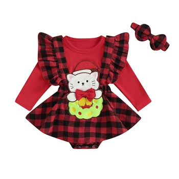 Za Malčke Baby Dekleta Božič Romper Obleko Kariran Risanka Tiskanja Dolg Rokav Bowknot Krilo Robom Jumpsuits Glavo
