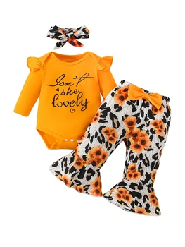 Čudovit 3PCS Cvetlični Romper Set za Newborn Baby Dekleta - Dolg Rokav Obleka, Leopard Flare Hlače in Ujemanje Glavo za