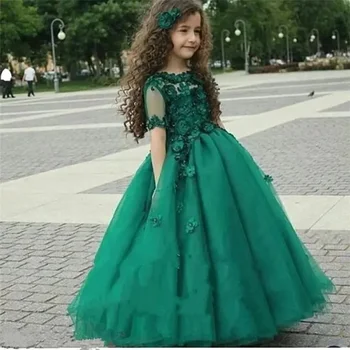 Preprost Cvet Dekle Obleko Smaragdno Zeleno Prosojna Kratkimi Baby Dekle Rojstni Dan, Poroko Princesa Stranka Prvo Obhajilo Obleke