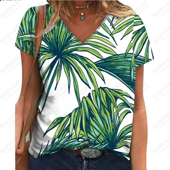 2023 Žensk Poletje Novo Kratek Rokav Listov 3D Digitalni Tisk T-shirt Vroče Prodajo Žensk Proti-vrat Hawaiian Slog Priložnostne Vrh