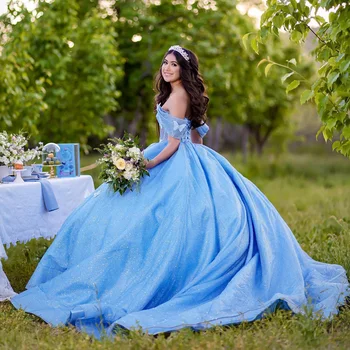 Til Vestidos De 15 Años Modro Žogo Quinceanera Obleke Obleko 2024 Sweet15 16 Rojstni Dan Obleke Ljubica Off Ramenski Princesa