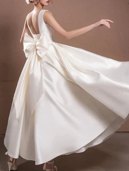 Elegantno Malo Bele Kratke Poročno Obleko Kvadratnih Vratu Trakovi Gleženj Dolžina Saten Z Lokom Nevesta Halje Vestido De Noiva
