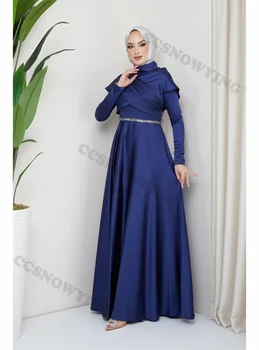 Beaded Dolgimi Rokavi, Oblačila Hidžab Muslimanskih Večerne Obleke Saten Visoko Vratu Islamske Formalno Stranko Obleke Ženske Arabski Dubaj Haljo De Soiree