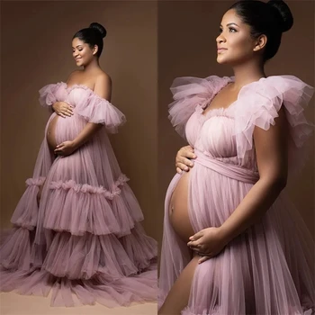 Roza Til Ljubica Off Ramenski Porodniškega Obleke za Fotografijo Ustrelil Naguban Ruffles Baby Tuš Noseča Spanja Obleke po Meri