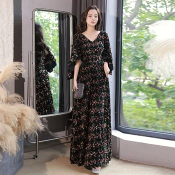 Žamet Bleščica, Večerne Obleke Dolgo Eleganten V-Izrez A-Line Tla-Dolžina Ženske Formalno Oblek Za Posebne Priložnosti