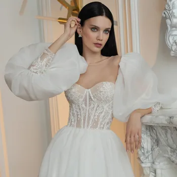 Stilsko preprost pol-sleeve Classic Žogo obleke Belo Poročno obleko sladko-srce čipke Meri korzet slog za poroko plus velikost