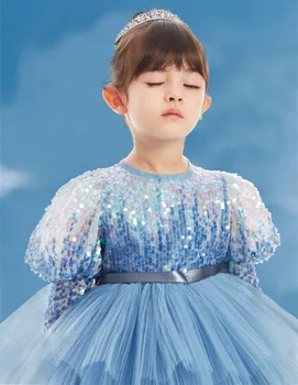 2023 Sodišče Slog Večerno Obleko za Baby Dekleta, Otroci Modra Sequined Večplastna Obleke za Malčke Princesa Pustni Praznik