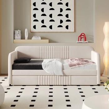 Oblazinjeno kavč raztegljiv Kavč posteljo z trundle posteljo in lesene letvice, 79.30x40.94x37cm