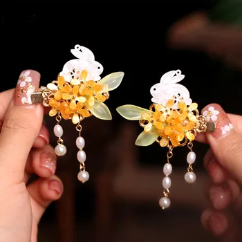 Vintage Rumeni Cvet Lasnice Kitajski Hairclipss Srčkan Zajec Modelov Pearl Obesek Nakit za Ženske, Dekleta, Lase Pribor