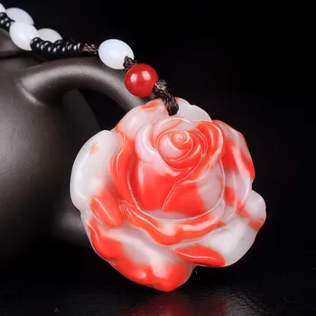 Naravni Kitajski Hetian Rdeče Bela Jade Rose Cvet, Ogrlico, Obesek, Ročno Izrezljano Čar Nakit Modni Amulet Darila za Moške, Ženske