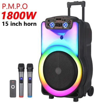 LED Voziček Stranka Polje maksimalna Moč 1800W 15 Inch Zunanji Prenosni Bluetooth Zvočnik Subwoofer Karaoke Audio FM Radio TF z Mic