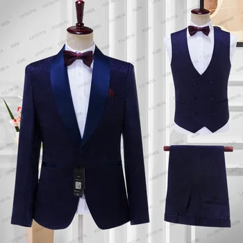 Mornarsko Modra Jacquardske Cvetlični Visoka Kakovost Kot Nalašč Saten River Novo Poročno Obleko 2023 Italijanski Dizajn Po Meri Narejene Moških Obleko Jopič