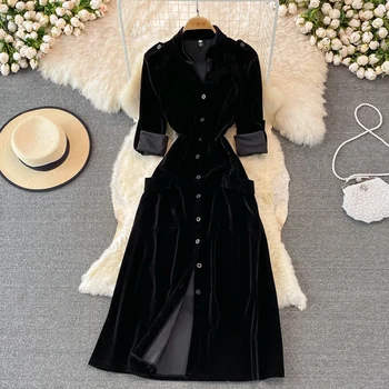 V Vintage Maxi Žep Enotni-Zapenjanje Črno Žametno Obleko za Ženske Dolgo Vestidos Mujer Stranka Jeseni Zimskih Oblačil Linije Robe