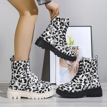 Ženske Leopard Print Čevlji 2023 Pozimi Nove Priložnostne Čipke Krog Toe Čevlji Dame Moda Sredi Pete Platforma Čevlji Botas De Mujer