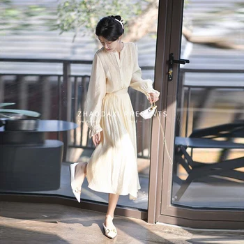 Krog Vratu Bela A-line Obleko Pomlad Poletje Moda Obleko 2023 Dolg Rokav korejskem Slogu Elegantno Ol Slog Priložnostne Obleko za Ženske