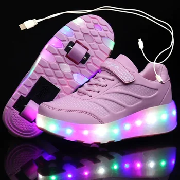 Polnjenje prek kabla USB Črna Dveh Kolesih Svetlobna Superge Led Luči Valjčni Skate Čevlji za Otroke, Otroci Led Čevlji Fantje Dekleta Čevlji 28-43
