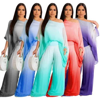 Moda za Ženske je Priljubljena Bat Rokav Šifon Gradient Tie Dye Priložnostne Obleke Nastavite Obleke za 2023 Poletje Dolgo Boho Chic Obleko Maxi