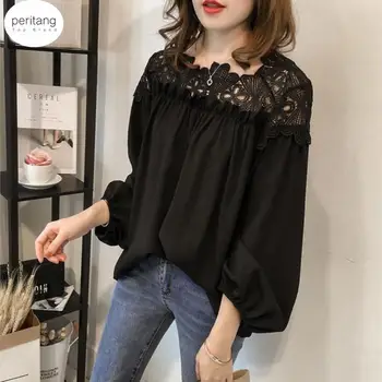 Pomlad 2024 Nove Korejske Modne Kvačkane Čipke Šivanje Šifon Bluzo Z Dolgimi Rokavi Jakna Ženske Bluze & Majice