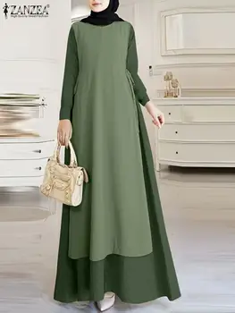 Ženske Dolg Rokav Mozaik Sundress ZANZEA Jeseni Mode Priložnostne Abaya Hidžab Vestido Islamska Oblačila Haljo Letnik Muslimansko Obleko