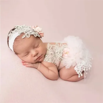 Novorojenček Fotografija Rekviziti Baby Girl Obleke Princesa Obleko Cvet Glavo Čipke Romper Bodysuits Obleko Fotografije Oblačil