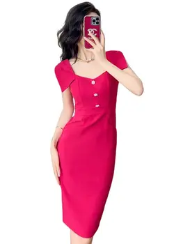 2023 Poletje Novo Obleko Ženske Francoski Elegantno Rose Rdeče Obleke Zelo Seksi Lok Bodyocn Režejo Midi Haljo Ženska Stranka, Maturantski Vestidos