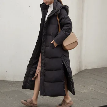 Ženske Zimske 2022 Nov Slog korejski Moda Slim Navzdol Bombaž Hooded Oblazinjeni Suknjič Čez kolena Dolgo Bombažno Jakno Dolgo sleeved