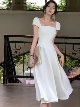 Ženske Poletne Obleke Beli Francoski Elegantno Linijo Stranka Midi Obleko Nov Kvadratni Ovratnik Diplomi Ženska Oblačila Korejski